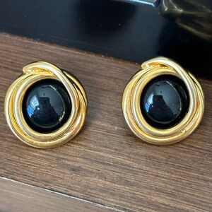 Black cabochon post earrings/ gold tone/ pierced ears only